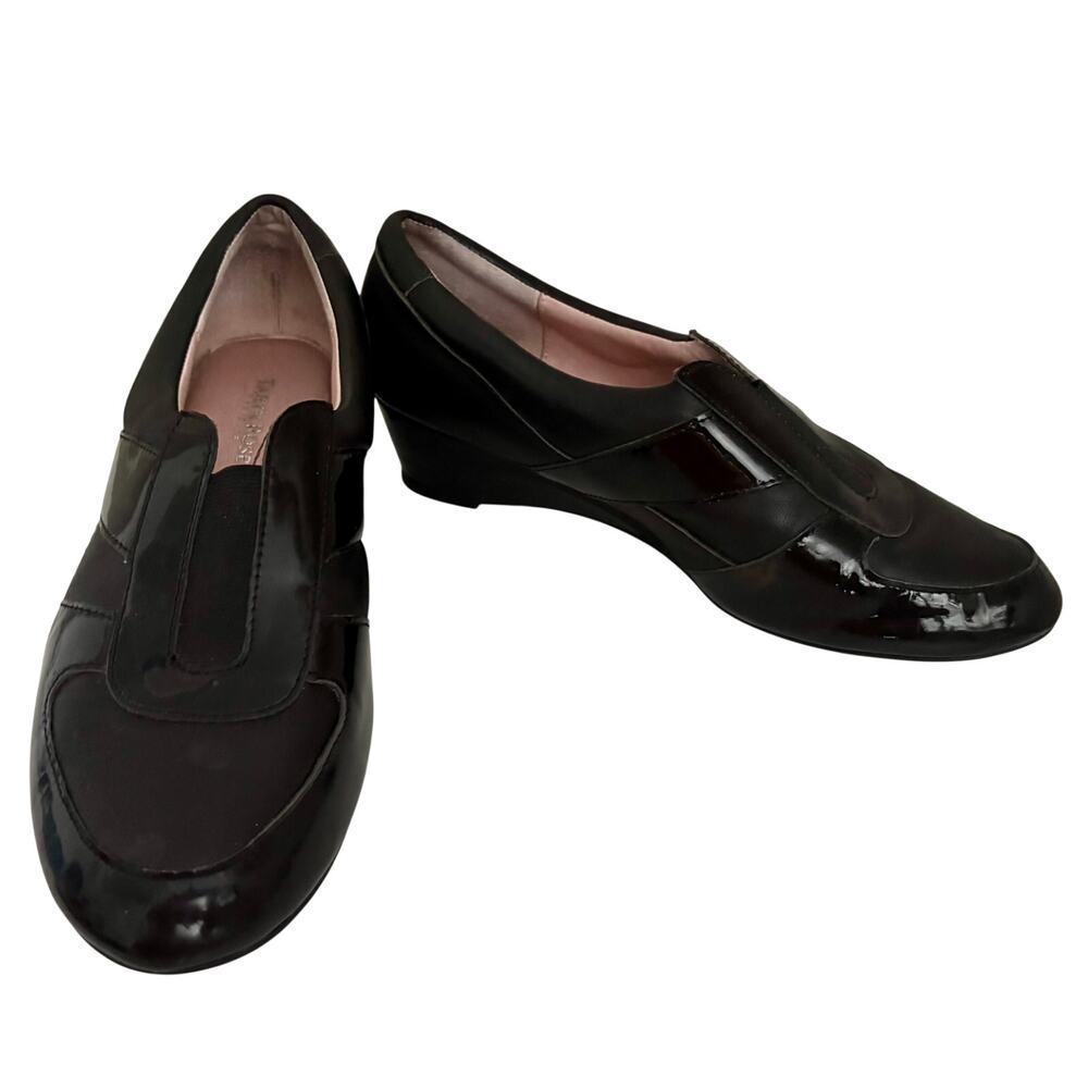Taryn Rose Black Patent Leather Wedge Loafers Slip On Shoes Casual Preppy Goth